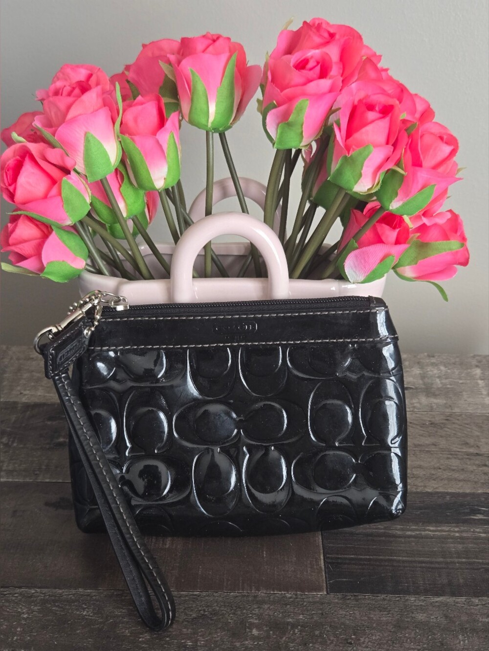 Coach Black Patent Leather Wristlet with Signature Emboss